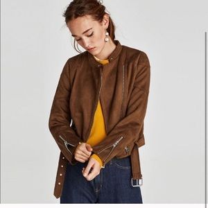 Zara brown faux suede moto jacket
